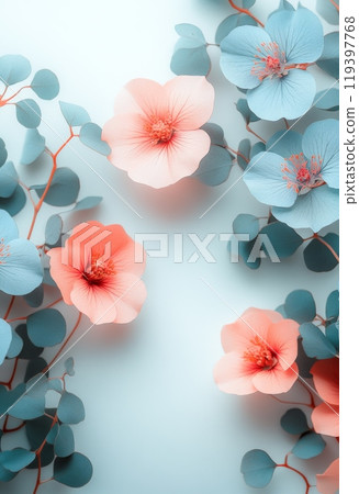 珊瑚和淺藍色的花朵和尤加利樹葉，白色背景 119397768