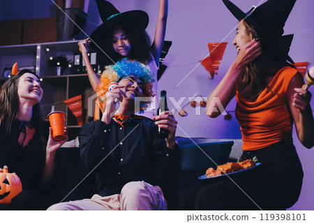 Joyful office Halloween party with coworkers in costumes, celebrating with drinks and laughter, fostering teamwork and festive spirit 119398101