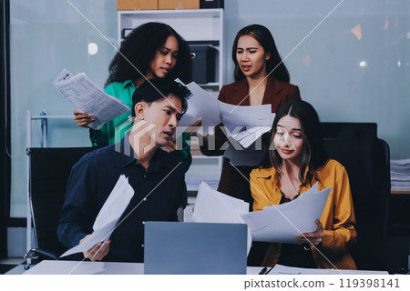 Stress, business people and employee frustrated with multitasking, pressure or overworked by team in chaos with paperwork. Anxiety, headache and worker overwhelmed by group and burnout in crisis Stress, business people and employee frustrated with multitasking, pressure or overworked by team in chaos with paperwork. Anxiety, headache and worker overwhelmed by group and burnout in crisis 119398141