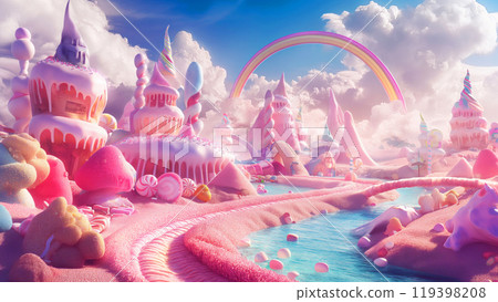 A candy land landscape with cake mountains sugar river and bright rainbow bridge in fluffy clouds in bright pink color. Sweet wonderland kid child fantasy concept 119398208
