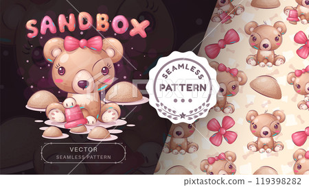 Seamless Pattern Cartoon character adorable play bear, pretty animal idea for print t-shirt, poster and kids envelope, postcard. Cute hand drawn style bear girl 119398282