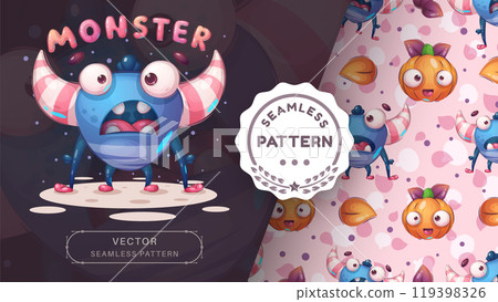Cartoon character adorable horror monster, pretty animal idea for print t-shirt, poster and kids envelope, postcard. Cute hand drawn monster - seamless pattern 119398326