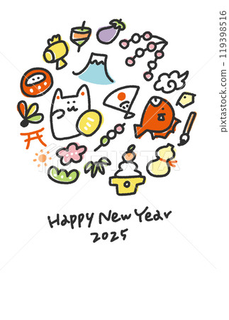 可愛的新年賀卡，帶有新年幸運符，手繪 2025 年 119398516