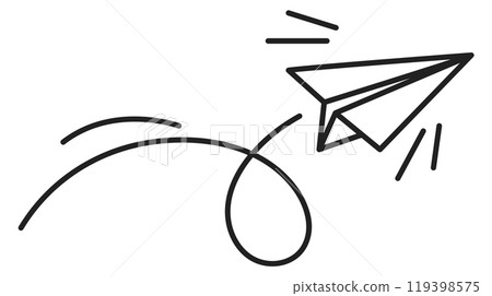A black and white drawing of a paper airplane flying through the air 119398575