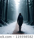 Abstract of the girl with a backpack in the forest 119398582