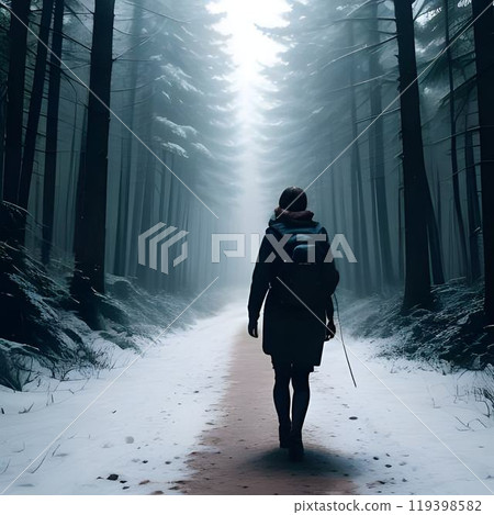 Abstract of the girl with a backpack in the forest Abstract of the girl with a backpack in the forest 119398582