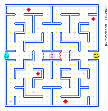 A maze with a blue background and a red and white square in the middle 119398638