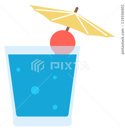 A glass of blue liquid with a cherry on top and a yellow umbrella A glass of blue liquid with a cherry on top and a yellow umbrella 119398801