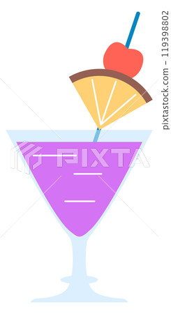 A glass of purple drink with a cherry on top and a pineapple umbrella A glass of purple drink with a cherry on top and a pineapple umbrella 119398802