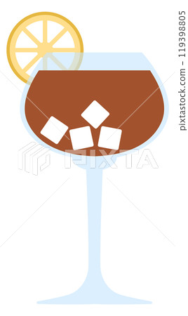 A glass of a drink with ice cubes and a lemon slice A glass of a drink with ice cubes and a lemon slice 119398805