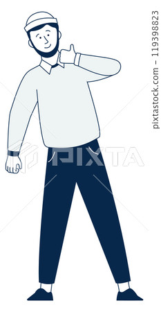 A man is standing with his hands on his hips and giving a thumbs up 119398823