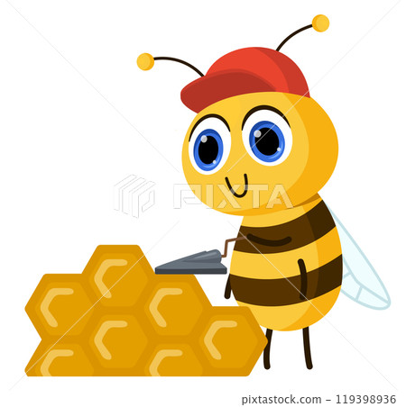 Bee build honeycomb. Cartoon honey production icon Bee build honeycomb. Cartoon honey production icon 119398936