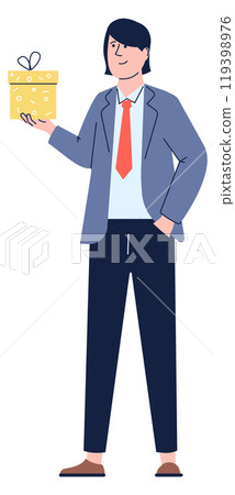 Colleague with present box. Corporate birthday party celebration Colleague with present box. Corporate birthday party celebration 119398976