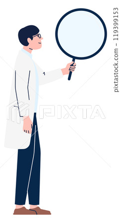 Man with big magnifying glass. Scientific research character 119399153