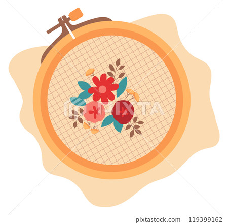 Embroidery canvas in wooden round frame. Handmade icon 119399162