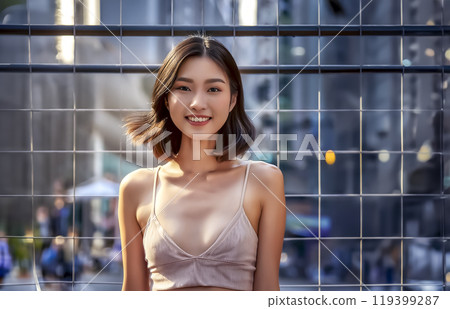 Image of a young woman standing on a street corner 119399287