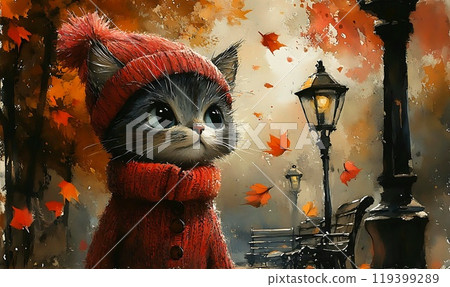 Cat Character in Cozy Outfit Among Autumn Leaves 119399289