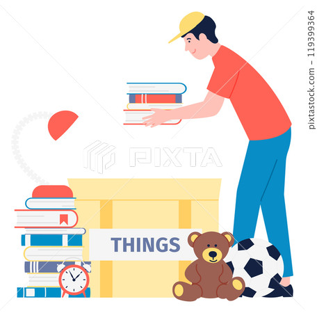 Things box for charity. Man give books to donation 119399364