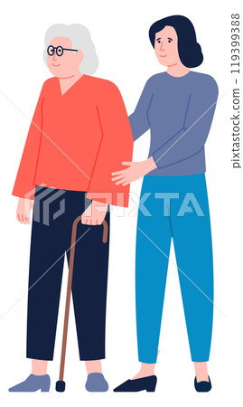 Senior care volunteer. Woman help retired person color concept 119399388