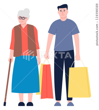 Senior support volunteer carry grocery bags for old woman Senior support volunteer carry grocery bags for old woman 119399389