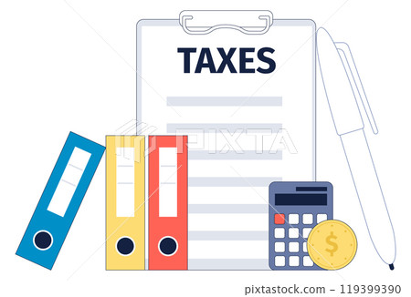 Business finance concept. Taxes papers and money counting Business finance concept. Taxes papers and money counting 119399390