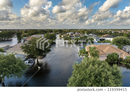 Hurricane flooded homes in residential community in Florida, USA. Aftermath of natural disaster 119399415