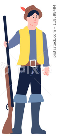 Hunter character. Man with shooting gun. Nature activity 119399494