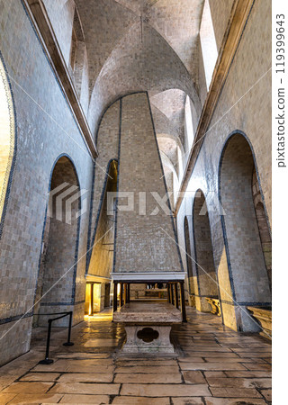 Alcobaca, Portugal - Mar 08, 2024: The kitchen of Alcobaca monastery of Santa Maria at Alcobaca, Portugal Alcobaca, Portugal - Mar 08, 2024: The kitchen of Alcobaca monastery of Santa Maria at Alcobaca, Portugal 119399643