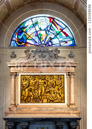 Fatima, Portugal - Mar 10, 2024: Interior of Sanctuary of Fatima, Portugal. Basilica of Our Lady of the Rosary Fatima, Portugal - Mar 10, 2024: Interior of Sanctuary of Fatima, Portugal. Basilica of Our Lady of the Rosary 119399696