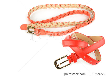 Leather women's belts isolated on white. Free space for text. Collage. Leather women's belts isolated on white. Free space for text. Collage. 119399772