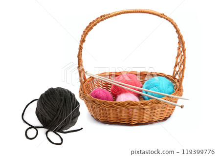 Multi-colored balls of yarn and knitting needles isolated on a white background. Collage. Multi-colored balls of yarn and knitting needles isolated on a white background. Collage. 119399776
