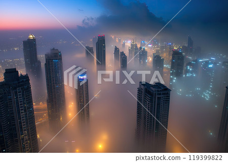 Aerial view of fog between skyscrapers in a big city 119399822