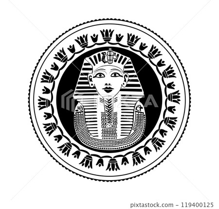 Egyptian one pound coin. Pharaoh design. Reverse of Egyptian one pound coin in vector illustration. The coin is depicted in black and white. Egyptian one pound coin. Pharaoh design. Reverse of Egyptian one pound coin in vector illustration. The coin is depicted in black and white. 119400125