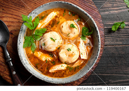 Matzoh ball and chicken soup Matzoh ball and chicken soup 119400167