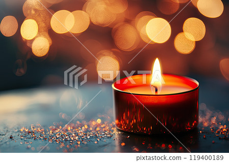 candle with background of out of focus lights in the background. Christmas background with copy space 119400189