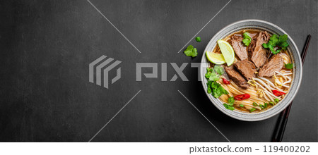 Pho Bo Vietnamese soup with rice noodle and beef 119400202