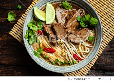 Pho Bo Vietnamese soup with rice noodle and beef Pho Bo Vietnamese soup with rice noodle and beef 119400205
