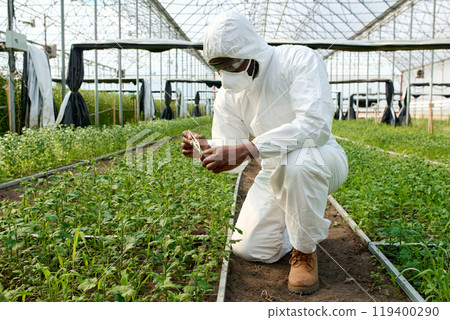 Full length view at man wearing hazmat suit and taking sample of plants in greenhouse, copy space Full length view at man wearing hazmat suit and taking sample of plants in greenhouse, copy space 119400290