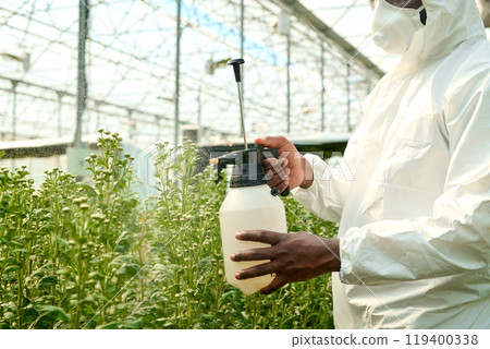 Side view closeup of unrecognizable African American man wearing hazmat suit spraying chemical liquid on plants while working at plantation copy space Side view closeup of unrecognizable African American man wearing hazmat suit spraying chemical liquid on plants while working at plantation copy space 119400338