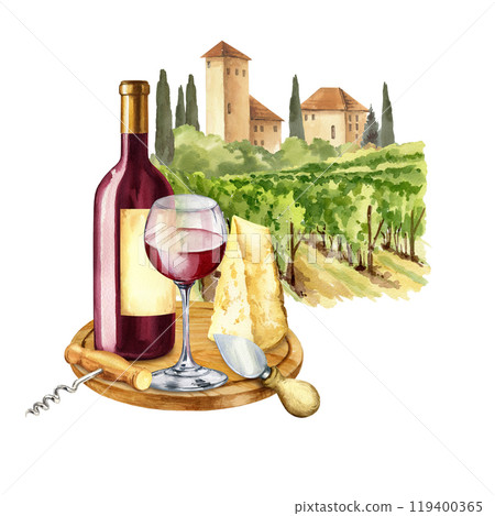 watercolor red wine bottle, glass of wine, parmesan cheese, corkscrew against Italian rural landscape with towers and farms, cypress trees and bushes, hand drawn sketch of Tuscany theme, illustration watercolor red wine bottle, glass of wine, parmesan cheese, corkscrew against Italian rural landscape with towers and farms, cypress trees and bushes, hand drawn sketch of Tuscany theme, illustration 119400365