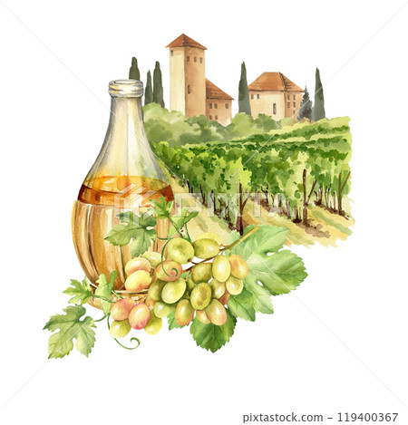 watercolor white wine bottle, parmesan, cheeses and grapes against Italian rural landscape with towers and farms, cypress trees and bushes, hand drawn sketch of Tuscany theme, food drink illustration 119400367