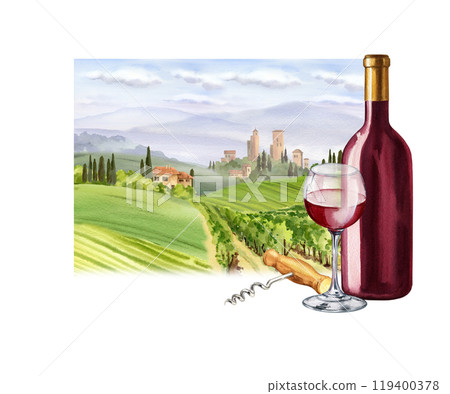 watercolor red wine bottle, glass of wine, corkscrew against Italian rural landscape with towers and farms, cypress trees and bushes, hand drawn sketch of Tuscany theme, illustration of drink watercolor red wine bottle, glass of wine, corkscrew against Italian rural landscape with towers and farms, cypress trees and bushes, hand drawn sketch of Tuscany theme, illustration of drink 119400378