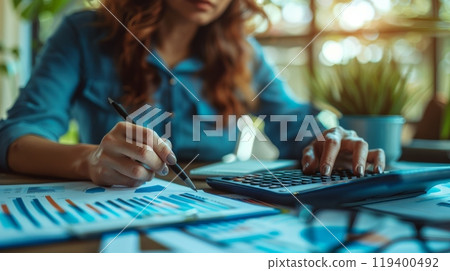 A woman using calculator, analyzing financial charts and data. Personal finance and budget planning 119400492