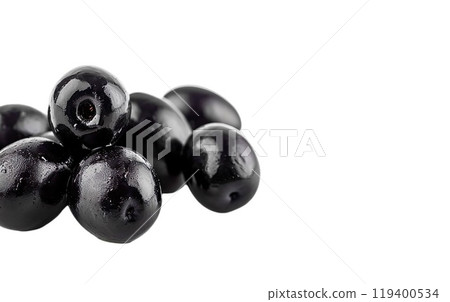 A bunch of black olives are on a white background. AI Generative A bunch of black olives are on a white background. AI Generative 119400534