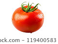 Photorealistic wet red tomato isolated on a transparent background. Fresh tomato with drops. Side view. Organic fruit design element PNG cutout. Garden Lifestyle. Food, cooking, vegetable diet concept 119400583