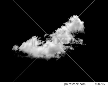 White cloud isolated on a black background, Real cloud photo, Separate white clouds on a black background have real clouds, White fluffy cumulus cloud isolated cut out on black background. 119400707