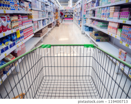 Trolley in department store Abstract blurred of colorful shelves, Shopping cart in supermarket. Empty red shopping cart view with warm light. Trolley in department store Abstract blurred of colorful shelves, Shopping cart in supermarket. Empty red shopping cart view with warm light. 119400713