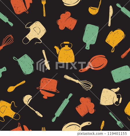 Seamless pattern with doodle kitchen utensils. Cooking food vector background 119401155