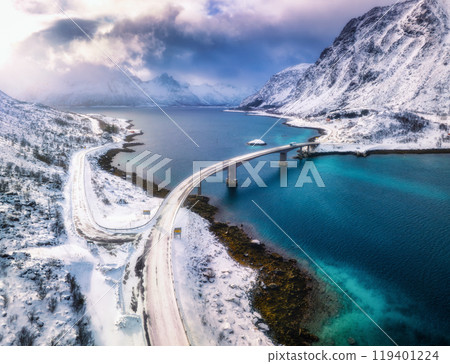 Aerial view of bridge over the sea and snowy mountains in winter 119401224