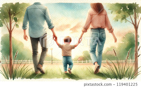 Watercolor painting of a parent and child walking hand in hand in the park 119401225